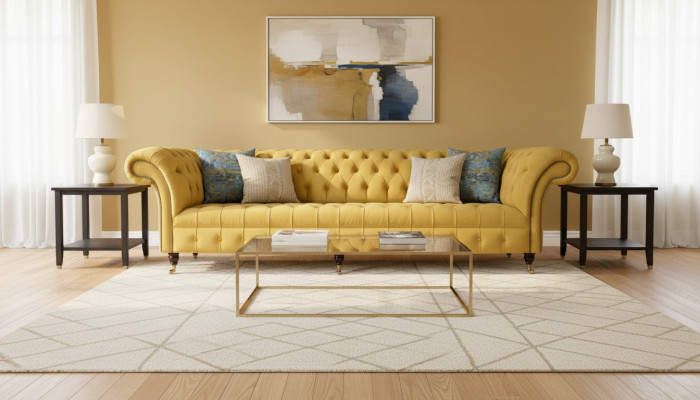 Elegantní designová pohovka 4 sedačka gauč polstrovaný luxusní textil Chesterfield pohovky žlutá.