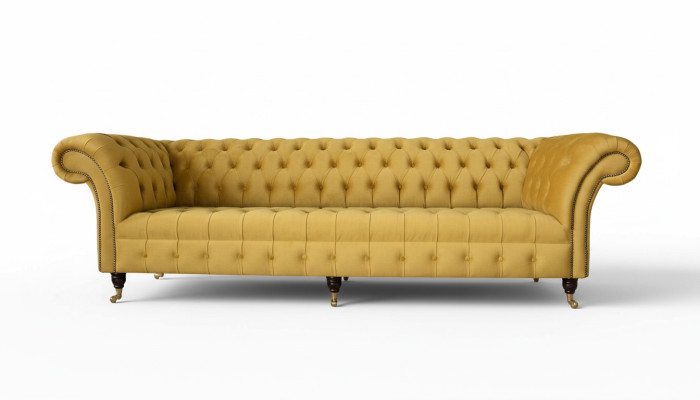Elegantní designová pohovka 4 sedačka gauč polstrovaný luxusní textil Chesterfield pohovky žlutá.