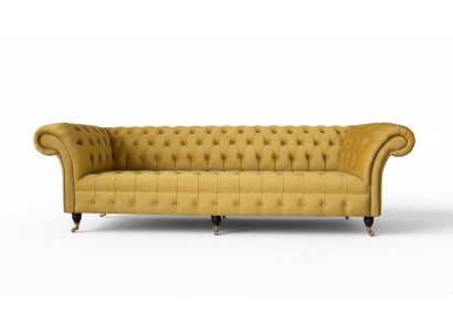Elegantní designová pohovka 4 sedačka gauč polstrovaný luxusní textil Chesterfield pohovky žlutá.