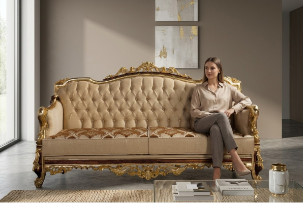 Chesterfield Couch Barock Dreisitzer Möbel Sofa Couchen Stoff Gold