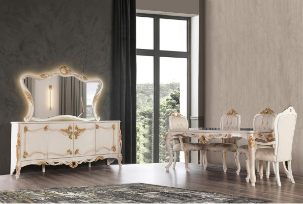 Esstisch Garnitur Gruppe Esszimmer Tisch Stuhl Set Anrichte Spiegel 6tlg