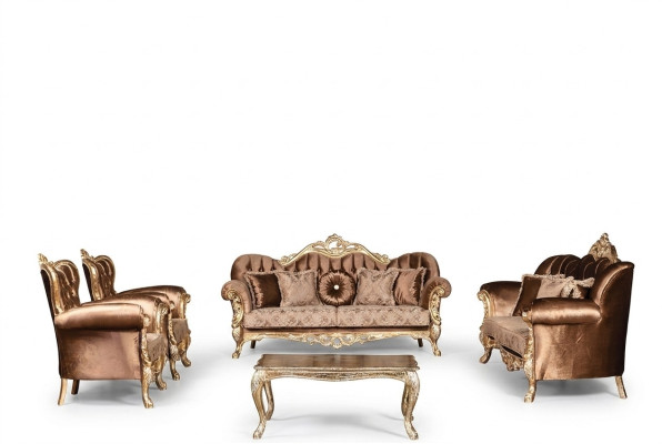 Goldene Samt Couch Set Chesterfield Sofagarnitur Sofa Möbel Holz 5tlg