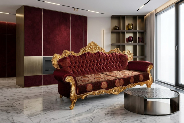 Luxus Dreisitzer Couch Polster Möbel Samt Barock Rot 3 Sitz Sofa Neu
