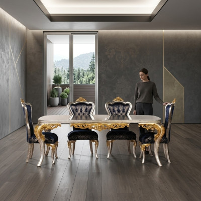 Exquisiter Goldener Esszimmer Set Esstisch mit x4 Chesterfield Stühlen Luxus Möbel