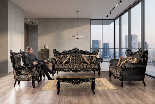 Schwarze Barock Möbel Sofagarnitur Sofa Couch Polster Möbel Tisch 5tlg