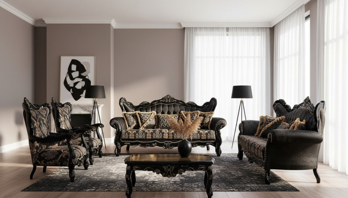 Schwarze Barock Möbel Sofagarnitur Sofa Couch Polster Möbel Tisch 5tlg