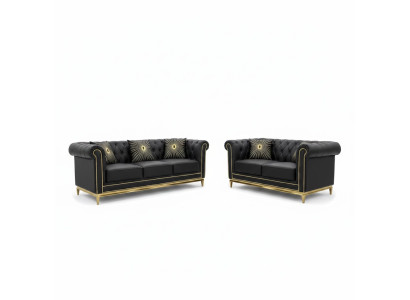 Schwarze Chesterfield Wohnzimmer Couchgarnitur Luxus Set 3+2 Sitzer 2tlg.