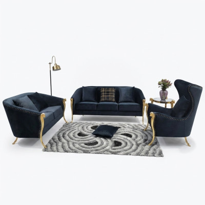 Luxuriöse Polstergarnitur Sessel 3+2+1 Sitzer Schwarz Samt Gold Beine