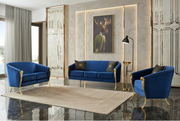 Luxus Polster Sessel 3+2+1 Sitz Blaue Goldenen Beinen Sitzpolster Neu