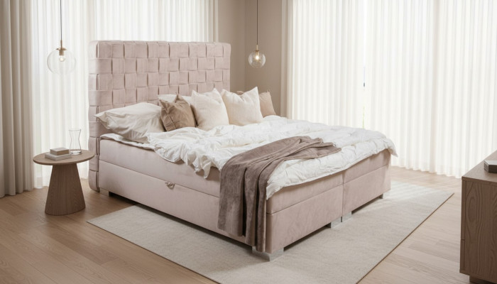 Béžová ložnice postele čalouněná postel Chesterfield textilní látková nová