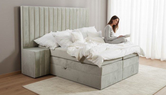 Modernes Taupes Doppelbett 2x Nachttische Schlafzimmer Boxspringbett