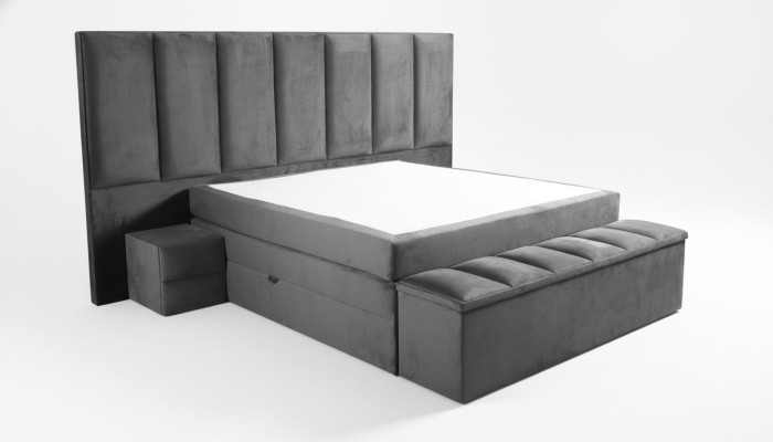 Šedá manželská postel + 2x noční stolky, klasický design ložnice elegantního nábytku.
