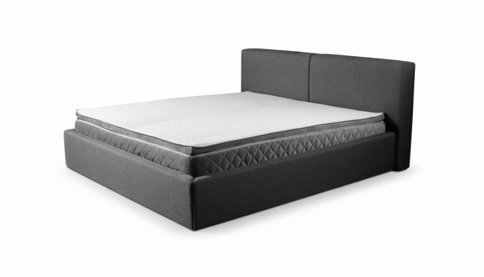Šedá manželská postel s polstrováním, úložnými boxy, elegantní látkový design.