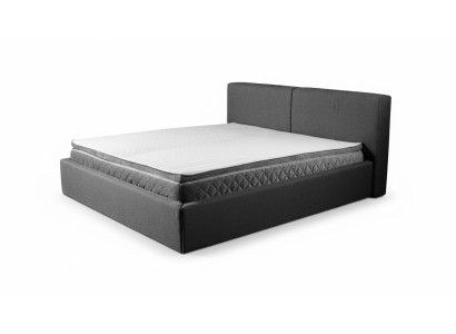 Šedá manželská postel s polstrováním, úložnými boxy, elegantní látkový design.
