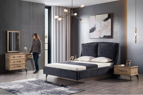 Schlafzimmer Set 4-teilig modernes Luxusbett 2 Nachttische Kommode inklusive