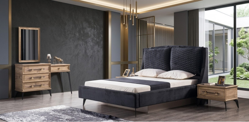 Schlafzimmer Set 4-teilig modernes Luxusbett 2 Nachttische Kommode inklusive