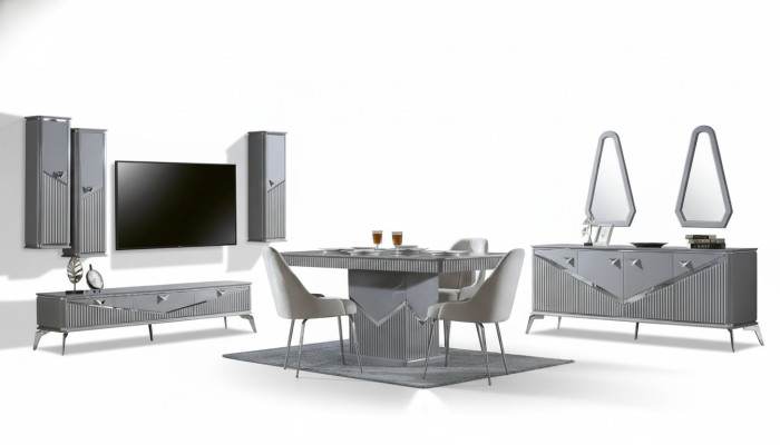Graues moderner Esszimmer Set 4x Stuhl Spiegel Sideboard Regal 9tlg