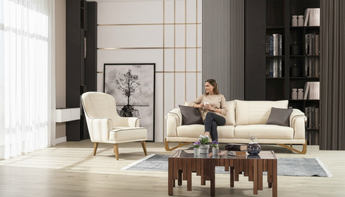 Sofagarnitur Set Beige mit Holzgestell 3+1 Sitzer Couchen Garnituren Möbel