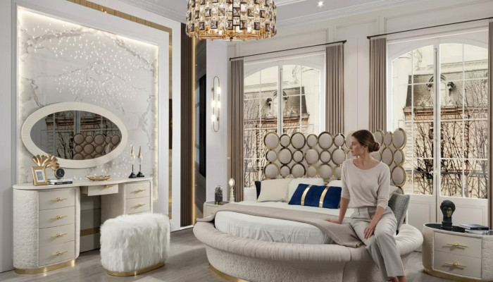 Kruhová postel s kruhovým designem, kožená dvojlůžka luxusního hotelového rámu ložnice.