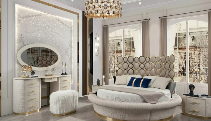 Kruhová postel s kruhovým designem, kožená dvojlůžka luxusního hotelového rámu ložnice.