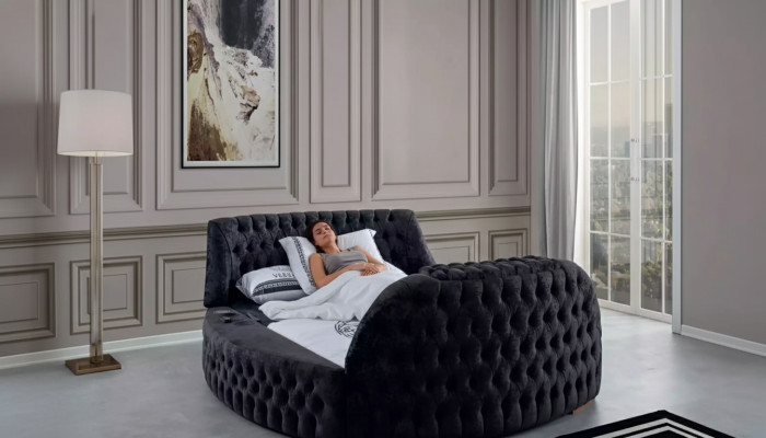 Schwarzes Chesterfield Bett Design Polster Möbel Hotel Luxus Betten Lift Media