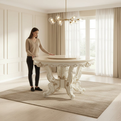 Stůl bílý kulatý klasická jídelna luxusní dřevěné stoly elegantní design.