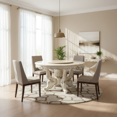 Stůl bílý kulatý klasická jídelna luxusní dřevěné stoly elegantní design.