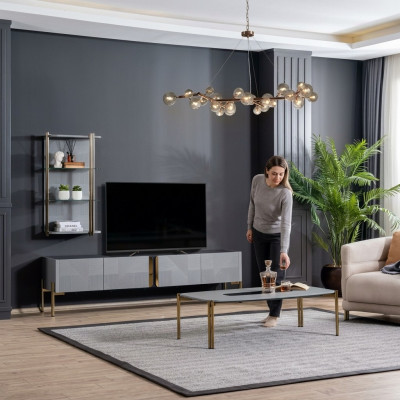 Úžasně elegantní moderní designérská televizní komoda do obývacího pokoje v popelavě šedé.