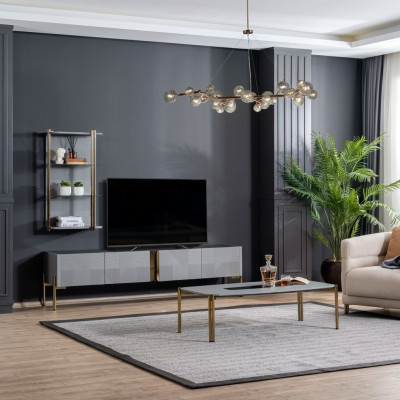 Úžasně elegantní moderní designérská televizní komoda do obývacího pokoje v popelavě šedé.