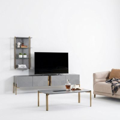 Úžasně elegantní moderní designérská televizní komoda do obývacího pokoje v popelavě šedé.