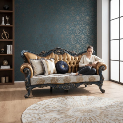 Exquisites Sofa im klassischen Stil mit goldenen Elementen für das Wohnzimmer