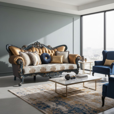 Exquisites Sofa im klassischen Stil mit goldenen Elementen für das Wohnzimmer