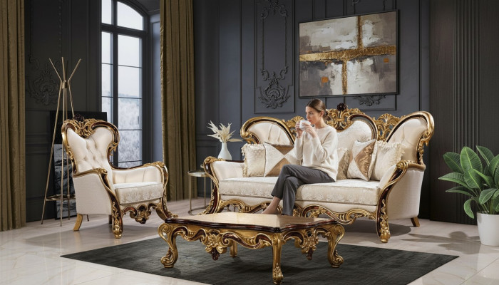 Sofagarnitur 3+1 Sitzer Gold Couchtisch Klassisch Wohnzimmer Set 3tlg.