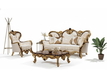Sofagarnitur 3+1 Sitzer Gold Couchtisch Klassisch Wohnzimmer Set 3tlg.