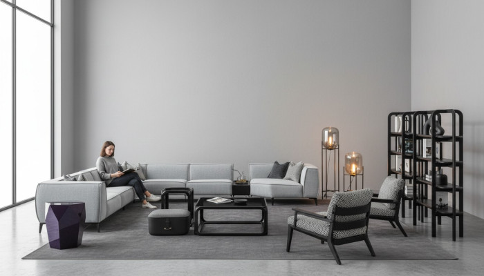 Ecksofa Couch Polster Möbel U Form Wohnlandschaft mit Sessel Graue Couchen