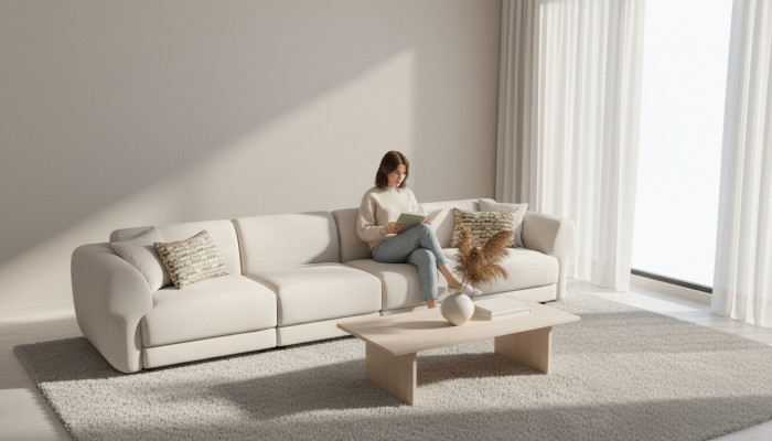 Velká krémová atraktivní pohovka pro 6 osob v jednoduchém designu z prémiových materiálů