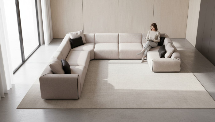 Ecksofa U-form Obývací pokoj Pohovka Beige Příčná sedací souprava