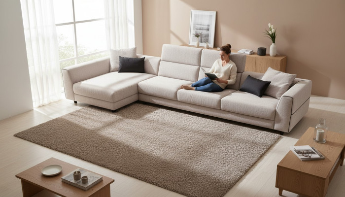 Bežová L-čtyřmístná pohovka do obývacího pokoje s moderním designem z textilu.