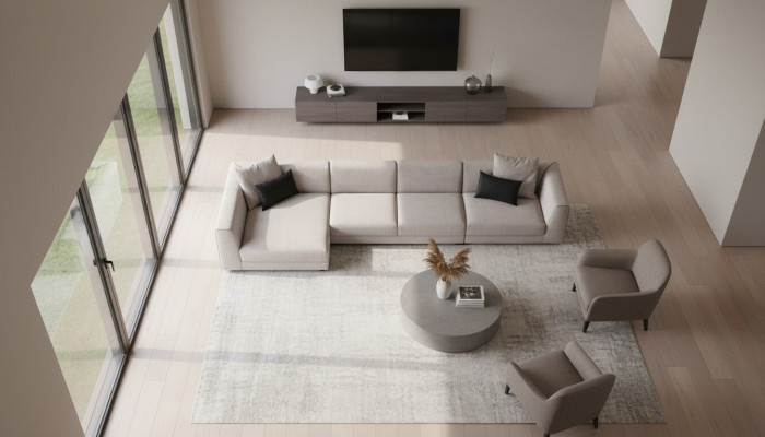 Bežová L-čtyřmístná pohovka do obývacího pokoje s moderním designem z textilu.
