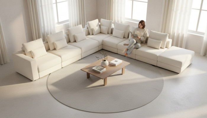 Ecksofa Sofa ve tvaru L, pohovka s polstrováním, moderní design obývacího pokoje, textilní nábytek.