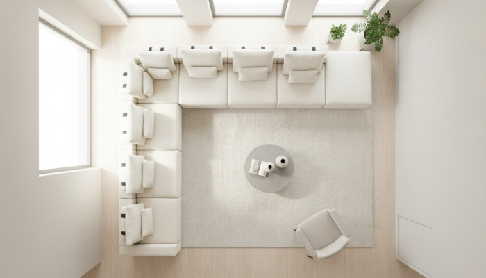 Ecksofa Sofa ve tvaru L, pohovka s polstrováním, moderní design obývacího pokoje, textilní nábytek.