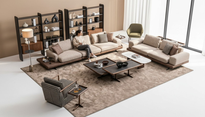 Braunes Textil Sofa Set Wohnzimmer Couche Dreisitzer Luxus Holzmöbel