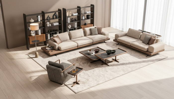 Braunes Textil Sofa Set Wohnzimmer Couche Dreisitzer Luxus Holzmöbel