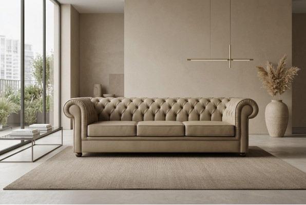Beiger Chesterfield Dreisitzer Büromöbel Sofa Polstersofas Luxus Möbel