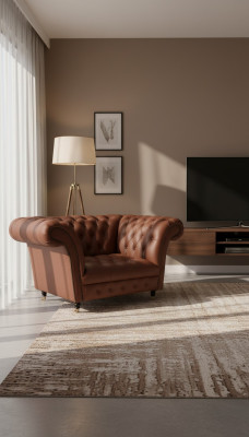 Luxus křeslo Chesterfield v koženém provedení, hnědé barvy, moderní lounge design.