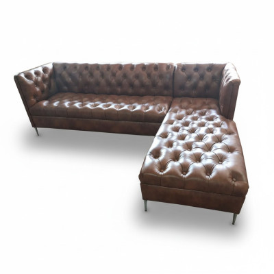 Chesterfield rohová sedací souprava v L tvaru, kůže, luxusní gauč, kůží potahovaná rohová sedací souprava