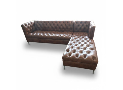 Chesterfield rohová sedací souprava v L tvaru, kůže, luxusní gauč, kůží potahovaná rohová sedací souprava
