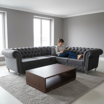 Chesterfield rohová sedací souprava L-formy, pohovka, design čalounění, textil, pohovkový roh