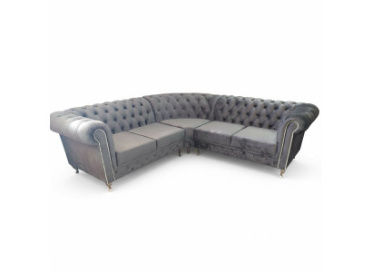 Chesterfield rohová sedací souprava L-formy, pohovka, design čalounění, textil, pohovkový roh