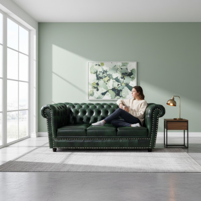 Chesterfield Sofa Dreisitzer Echtleder Couch Grün Ledersofa 230cm Möbel